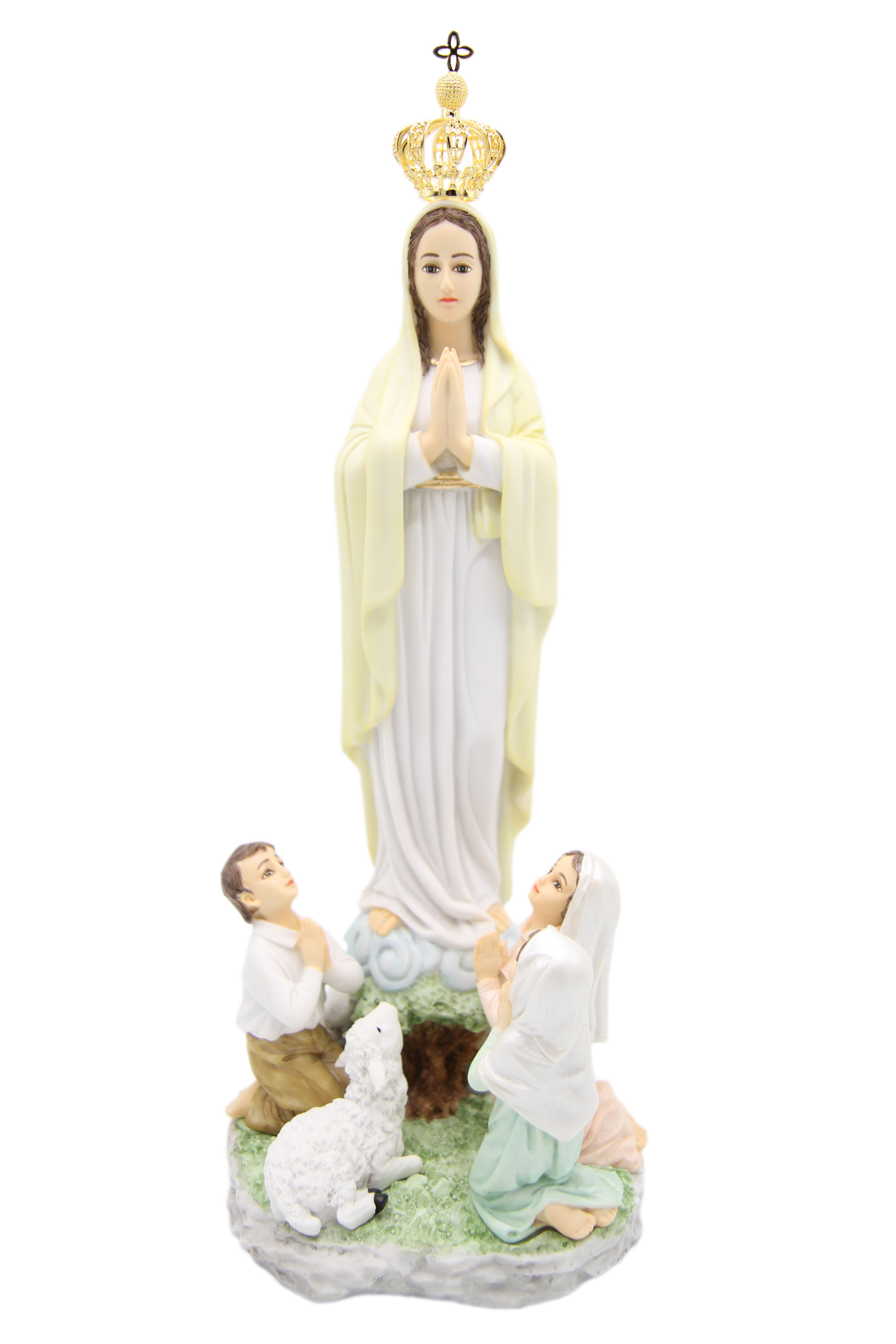 14 Inch Our Lady of Fatima with Shepherd Children Statue Metal Crown VIttoria Collection